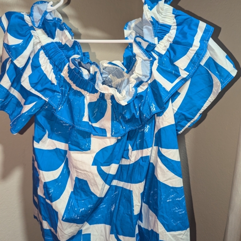 Blue and White Ruffled Crop Top